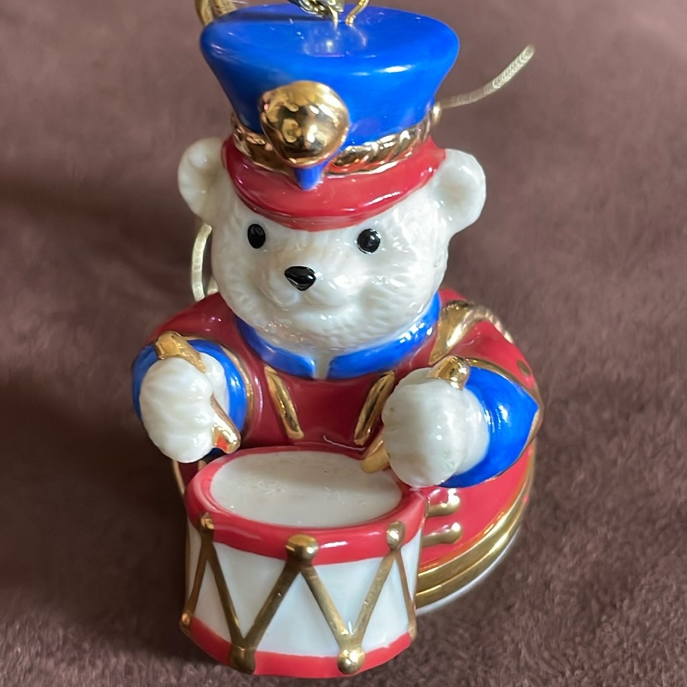 Lenox Porcelain Drummer Bear 3 inch Trinket Box Ornament Red White and Blue